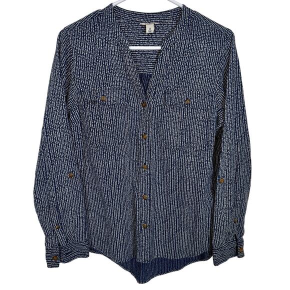 L.L. Bean Tops - L.L. Bean Organic Cotton Gauzy Roll Tab Long Sleeve Shirt Navy Cream Print MED